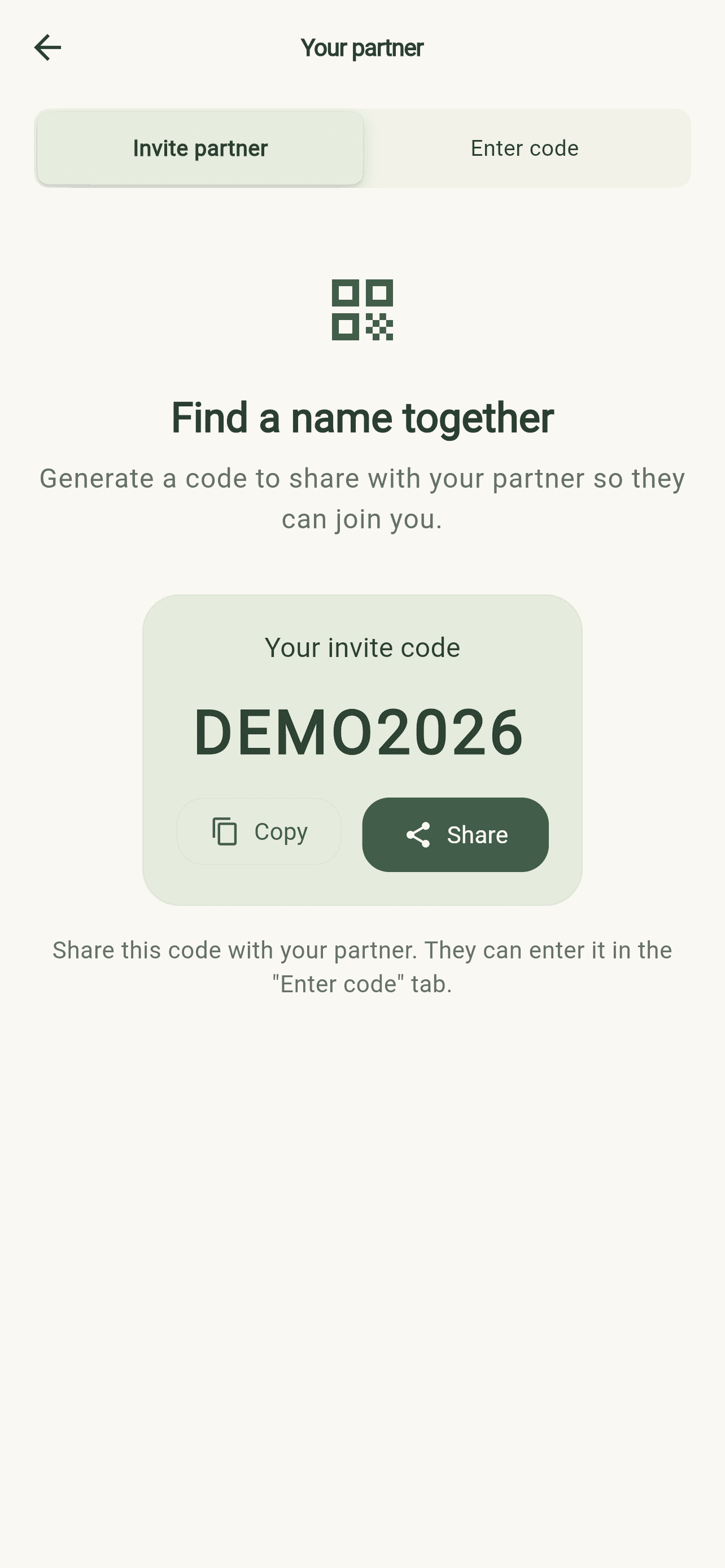 The Your partner screen shows Invite partner and Enter code tabs, with Copy and Share below an example invite code.